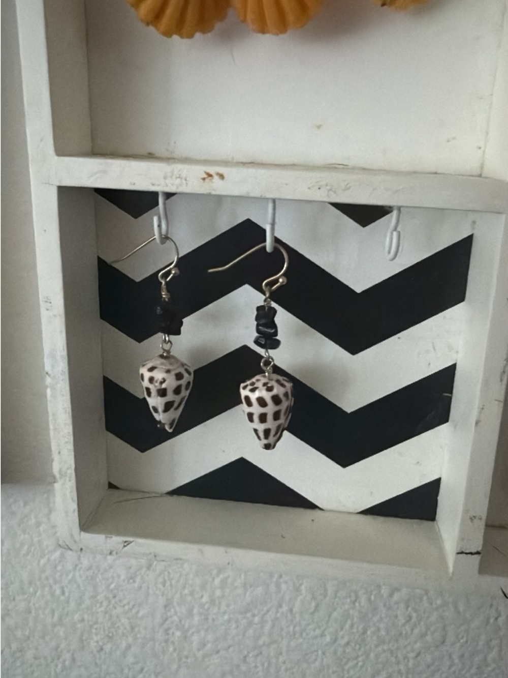 Hebrew cone Shell Dangle Earrings - with onyx stone chips.